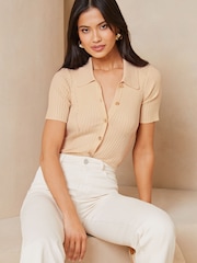 Lipsy Cream Knitted Short Sleeve Contour Collar Shirt - Image 1 of 4