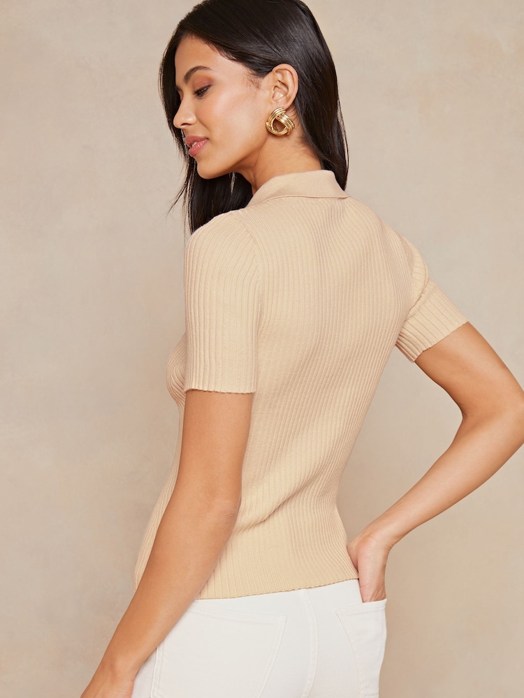 Lipsy Cream Knitted Short Sleeve Contour Collar Shirt - Image 2 of 4