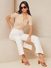 Lipsy Cream Knitted Short Sleeve Contour Collar Shirt - Image 3 of 4