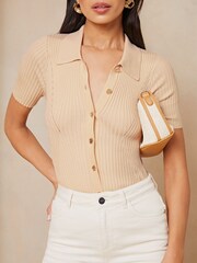 Lipsy Cream Knitted Short Sleeve Contour Collar Shirt - Image 4 of 4