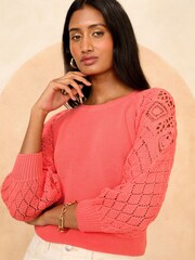 Love & Roses Pink Crochet Sleeve Knitted Top - Image 1 of 4