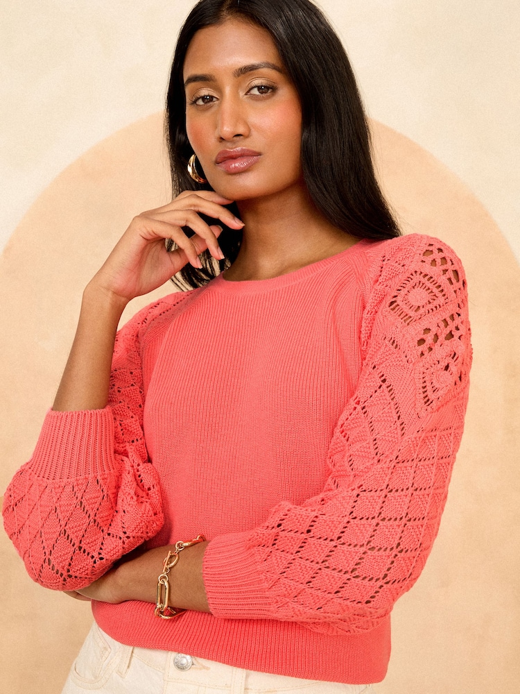 Love & Roses Pink Crochet Sleeve Knitted Top - Image 1 of 4 Love & Roses Pink Crochet Sleeve Knitted Top - Image 1 of 4