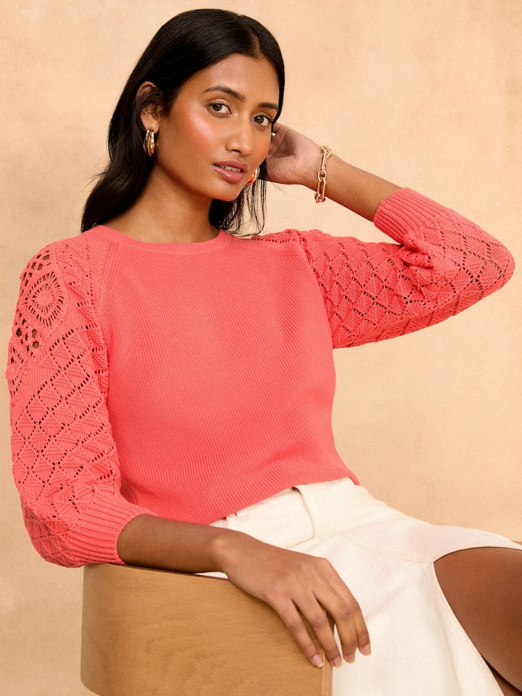 Love & Roses Pink Crochet Sleeve Knitted Top - Image 2 of 4 Love & Roses Pink Crochet Sleeve Knitted Top - Image 2 of 4