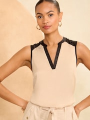 Love & Roses Black Tipped Satin Front Jersey Back V Neck Vest - Image 1 of 4