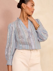 Love & Roses Blue Stripe Metallic Embroidered V Neck 3/4 Sleeve Blouse - Image 1 of 4