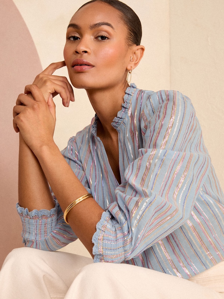 Love & Roses Blue Stripe Metallic Embroidered V Neck 3/4 Sleeve Blouse - Image 2 of 4