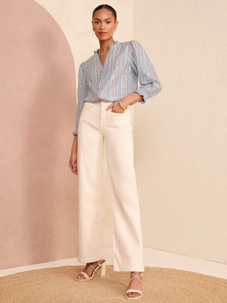 Love & Roses Blue Stripe Metallic Embroidered V Neck 3/4 Sleeve Blouse - Image 4 of 4