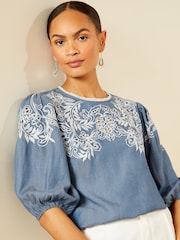 Love & Roses Blue TENCEL™ Embroidery Puff Sleeve Blouse - Image 1 of 4