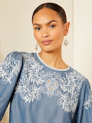 Love & Roses Blue TENCEL™ Embroidery Puff Sleeve Blouse - Image 2 of 4