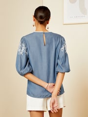 Love & Roses Blue TENCEL™ Embroidery Puff Sleeve Blouse - Image 3 of 4