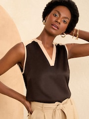Love & Roses Ivory White Tipped Satin Front Jersey Back V Neck Vest - Image 1 of 4