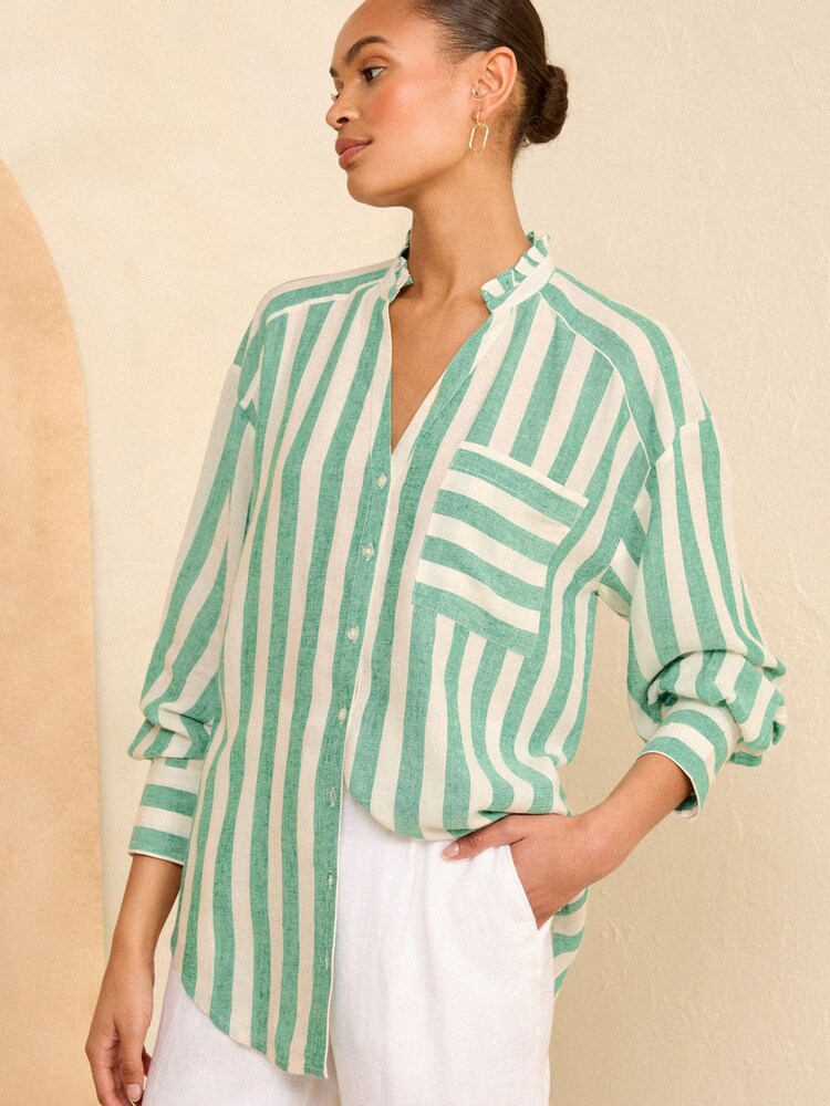 Love & Roses Green and White Viscose Linen Blend Stripe Button Through Shirt - Image 2 of 4 Love & Roses Green and White Viscose Linen Blend Stripe Button Through Shirt - Image 2 of 4
