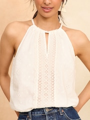 Love & Roses Ivory White Broderie Lace Trim Halterneck Top - Image 2 of 4