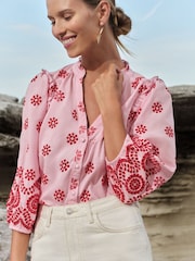 Love & Roses Pink and Red Broderie Petite Embroidered V Neck 3/4 Sleeve Blouse - Image 1 of 4