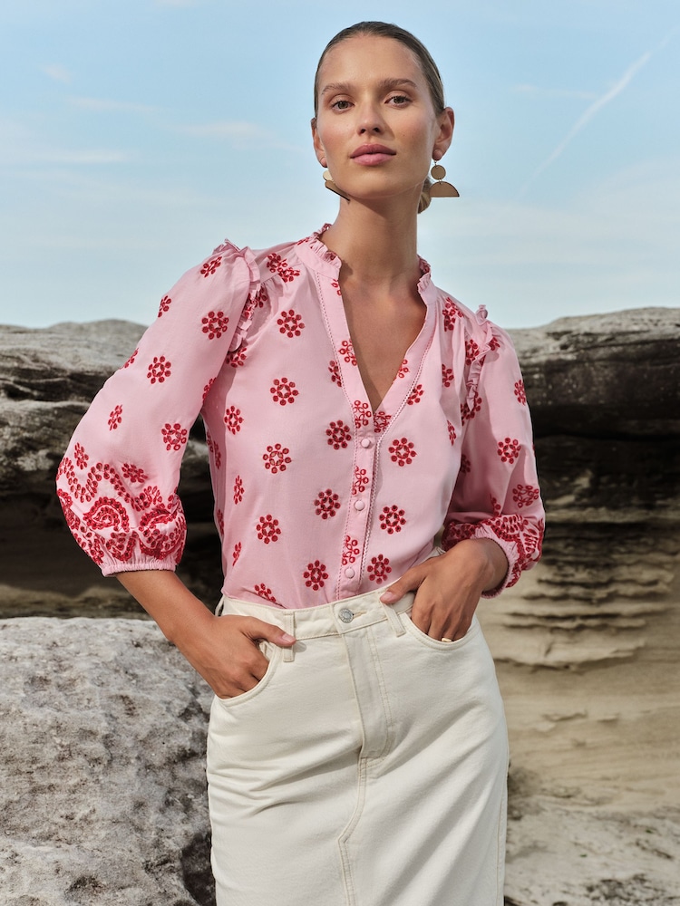 Love & Roses Pink and Red Broderie Petite Embroidered V Neck 3/4 Sleeve Blouse - Image 2 of 4