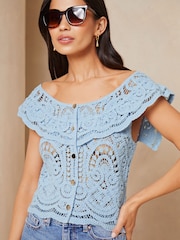 Lipsy Blue Ruffle Crochet Knitted Bardot Top - Image 1 of 4