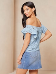 Lipsy Blue Ruffle Crochet Knitted Bardot Top - Image 2 of 4