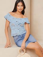 Lipsy Blue Ruffle Crochet Knitted Bardot Top - Image 4 of 4