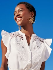 Love & Roses White Flutter Sleeve Cutwork Blouse With Linen - Image 1 of 4