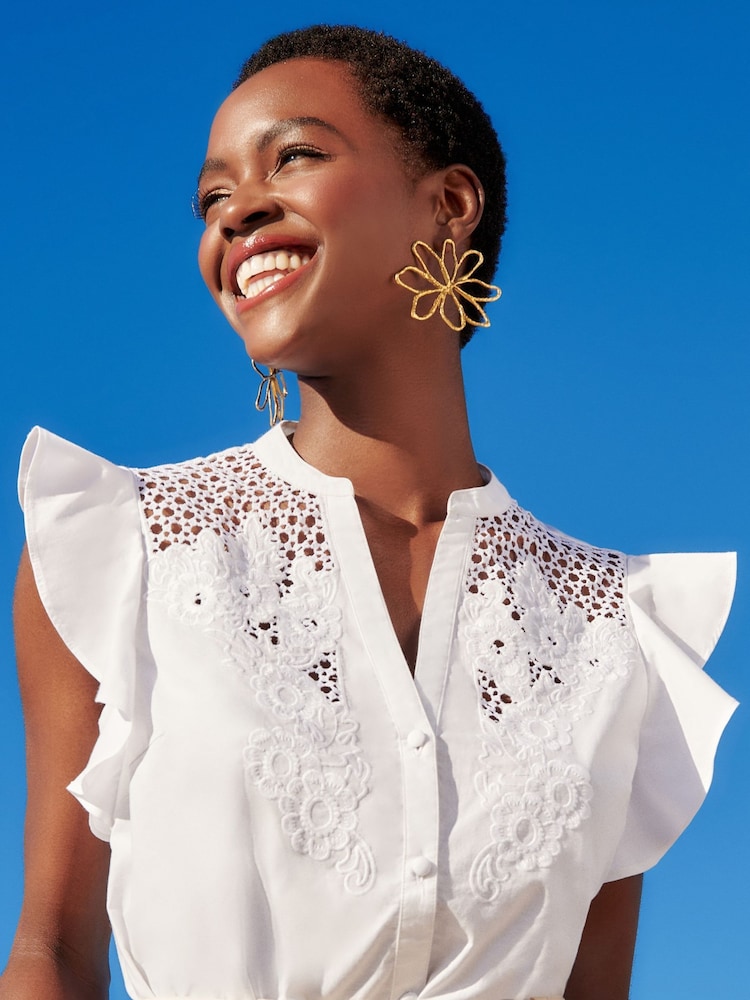 Love & Roses White Flutter Sleeve Cutwork Blouse With Linen - Image 1 of 4