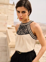 Love & Roses Crochet Black and Ivory White Halter Neck Jersey Top - Image 1 of 4