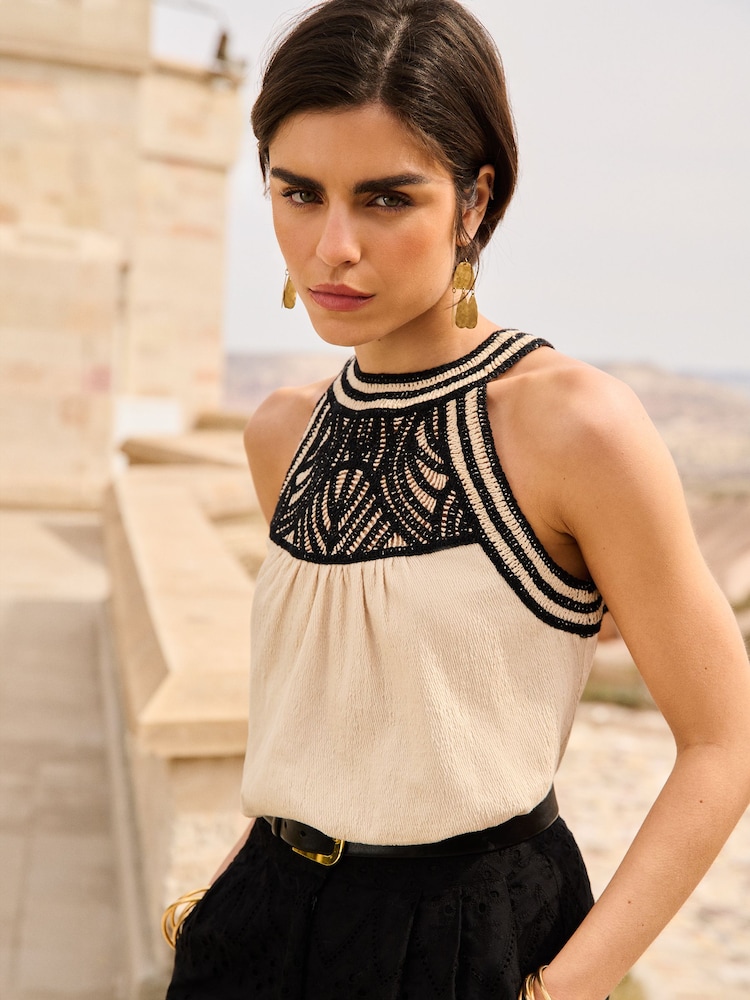 Love & Roses Crochet Black and Ivory White Halter Neck Jersey Top - Image 1 of 4