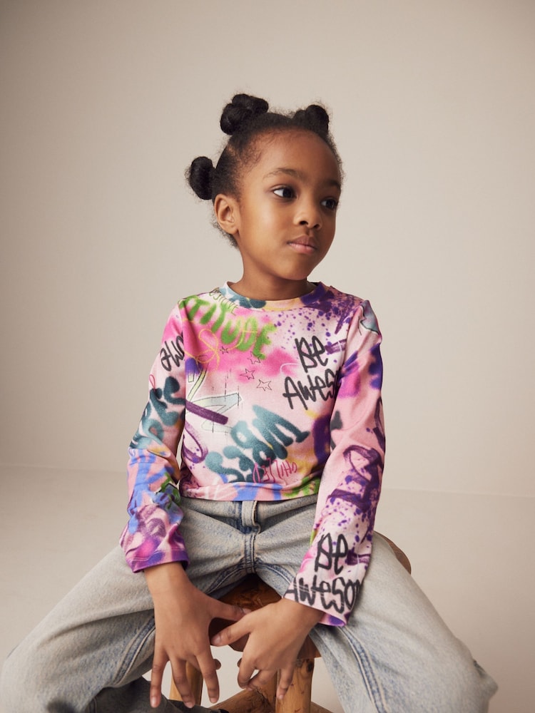 Purple Graffiti Long Sleeve Boxy Cropped T-Shirt (3-16yrs) - Image 1 of 1