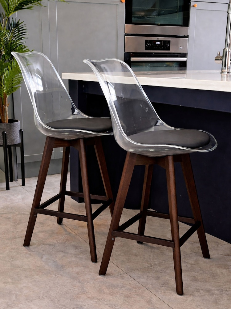 Fusion Living Dark Grey Soho Clear Plastic Bar Stool with Dark Wood Legs - Image 1 of 6