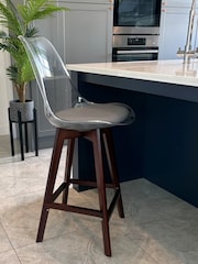 Fusion Living Dark Grey Soho Clear Plastic Bar Stool with Dark Wood Legs - Image 2 of 6