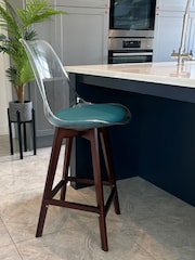Fusion Living Teal Soho Clear Plastic Bar Stool with Dark Wood Legs - Image 1 of 5