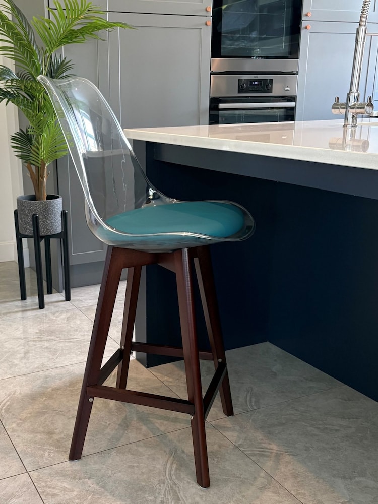 Fusion Living Teal Soho Clear Plastic Bar Stool with Dark Wood Legs - Image 1 of 5