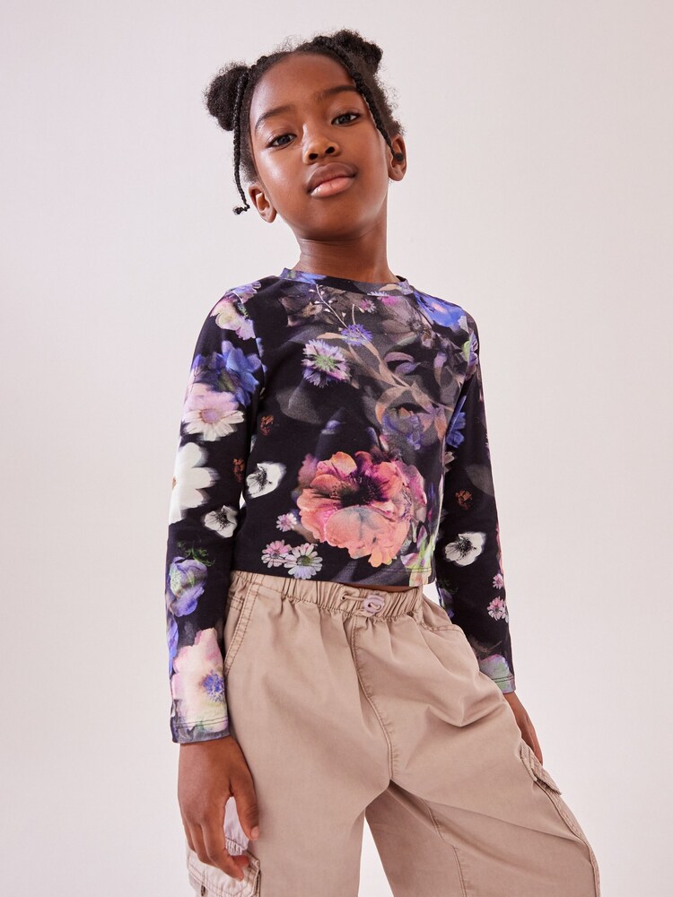 Black Floral Long Sleeve Boxy Cropped T-Shirt (3-16yrs) - Image 1 of 7 Black Floral Long Sleeve Boxy Cropped T-Shirt (3-16yrs) - Image 1 of 7