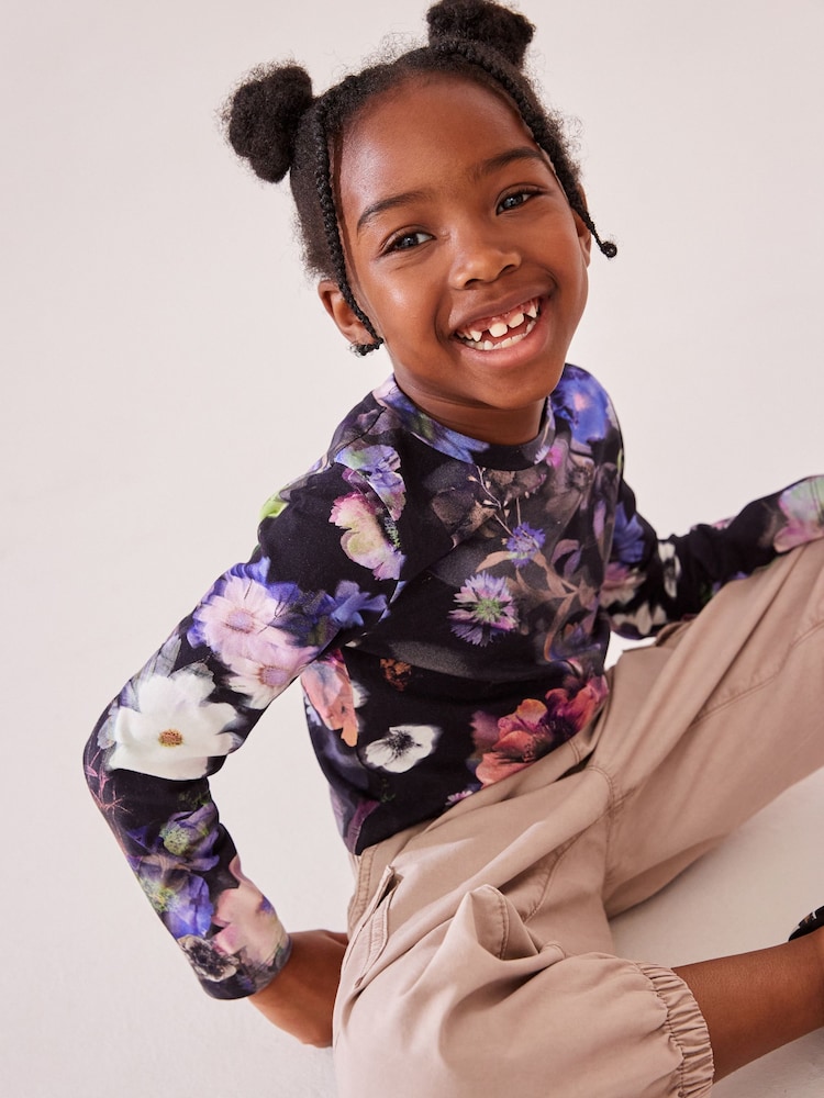 Black Floral Long Sleeve Boxy Cropped T-Shirt (3-16yrs) - Image 2 of 7