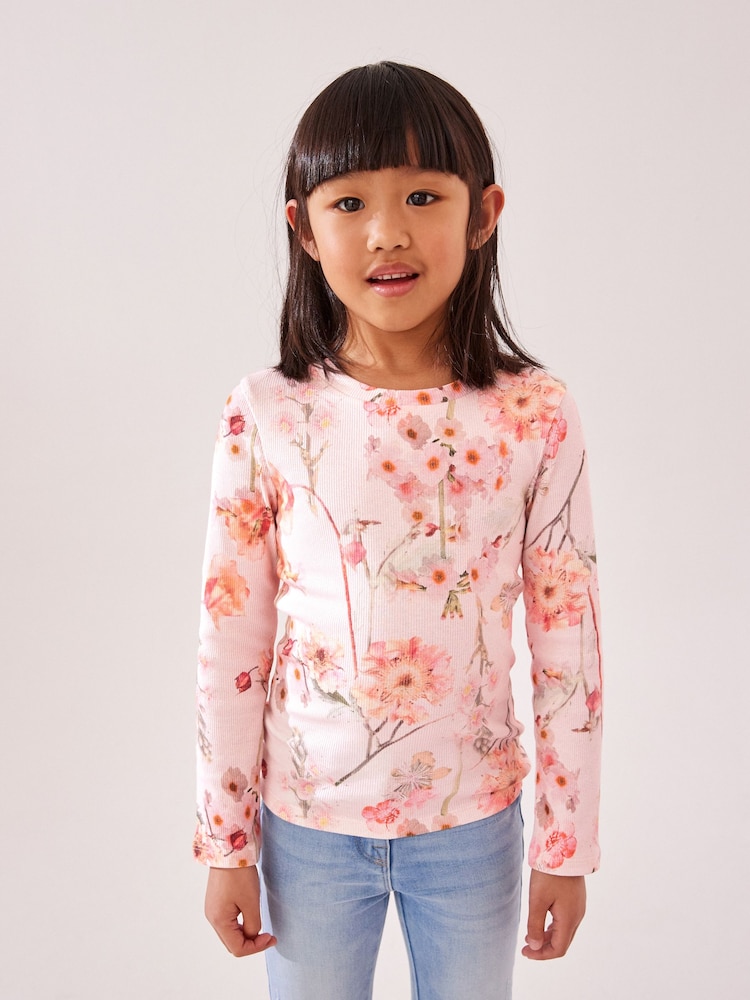Pink Floral 1 Pack Long Sleeve Ribbed Top (3-16yrs) - Image 1 of 7 Pink Floral 1 Pack Long Sleeve Ribbed Top (3-16yrs) - Image 1 of 7