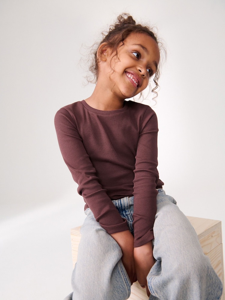 Brown 1 Pack Long Sleeve Ribbed Top (3-16yrs) - Image 1 of 6 Brown 1 Pack Long Sleeve Ribbed Top (3-16yrs) - Image 1 of 6