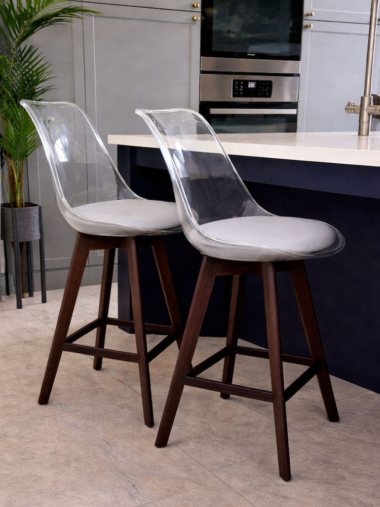 Fusion Living Set of 2 Light Grey Soho Clear Plastic Bar Stools with Dark Wood Legs - Image 1 of 5