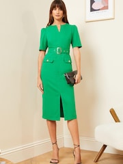 Grün - Love & Roses Figurbetontes, kurzärmeliges Midikleid mit V-Ausschnitt und Gürtel - Bild 1 von 4
