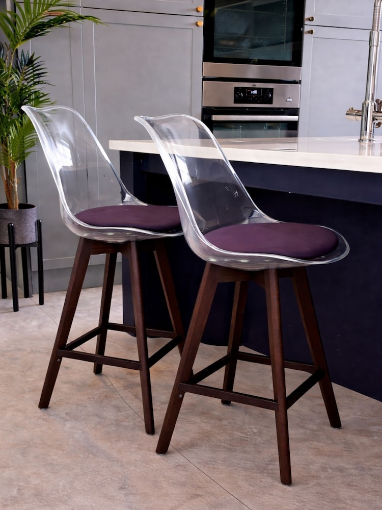 Fusion Living Set of 2 Aubergine Soho Clear Plastic Bar Stools with Dark Wood Legs - Image 1 of 5