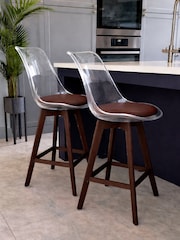 Fusion Living Set of 2 Chocolate Soho Clear Plastic Bar Stools with Dark Wood Legs - Image 1 of 5
