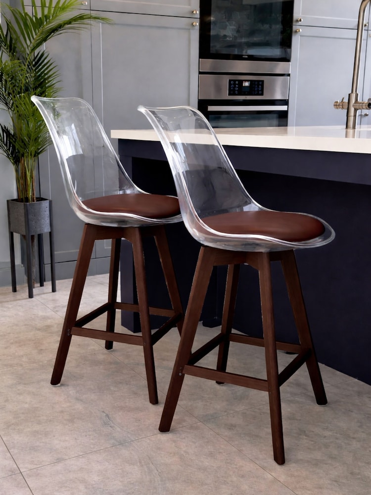Fusion Living Set of 2 Chocolate Soho Clear Plastic Bar Stools with Dark Wood Legs - Image 1 of 5