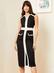Schwarz mit Tipping - Love & Roses Figurbetontes, kurzärmeliges Midikleid mit V-Ausschnitt und Gürtel - Bild 1 von 4