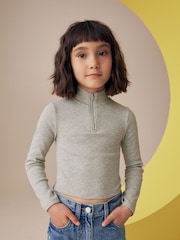 Grey Boxy Zip High Neck Rib Top (3-16yrs) - Image 1 of 6