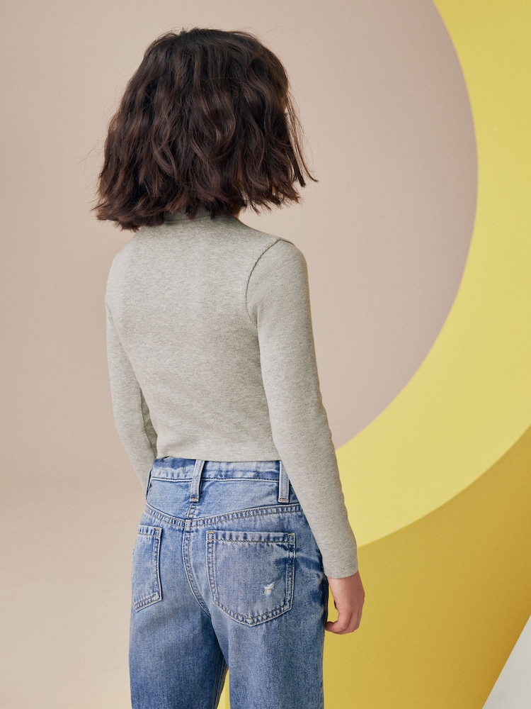 Grey Boxy Zip High Neck Rib Top (3-16yrs) - Image 2 of 6