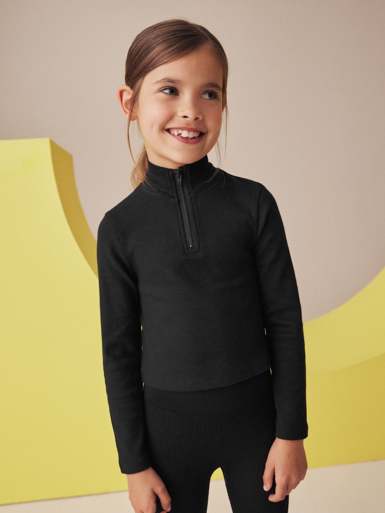 Black Boxy Zip High Neck Rib Top (3-16yrs) - Image 1 of 9