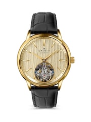 Spirit Black Gents Gold Plated Open Heart Automatic Leather Strap Watch - Image 1 of 5