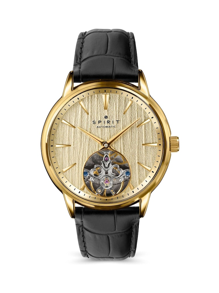 Spirit Black Gents Gold Plated Open Heart Automatic Leather Strap Watch - Image 1 of 5