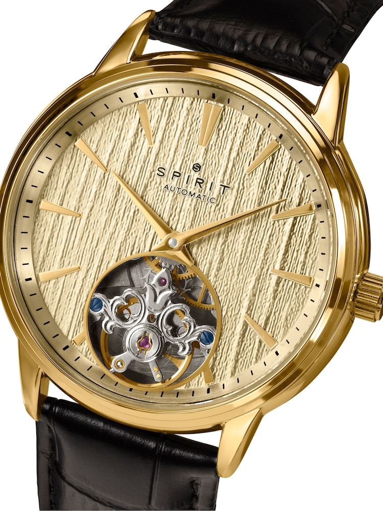 Spirit Black Gents Gold Plated Open Heart Automatic Leather Strap Watch - Image 2 of 5