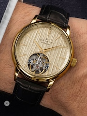 Spirit Black Gents Gold Plated Open Heart Automatic Leather Strap Watch - Image 4 of 5