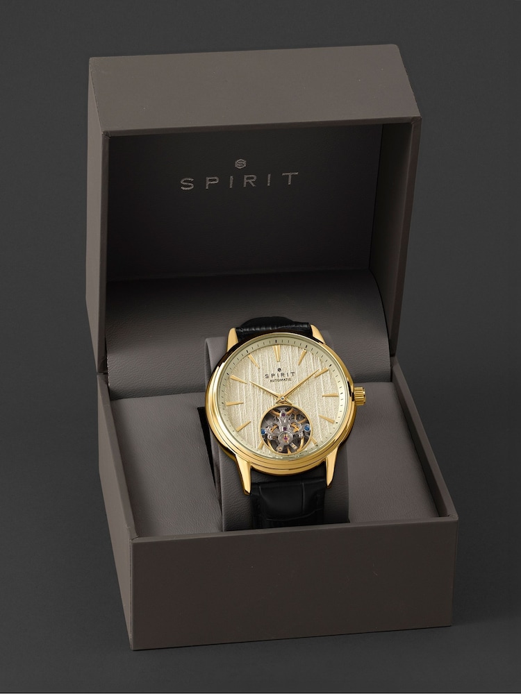 Spirit Black Gents Gold Plated Open Heart Automatic Leather Strap Watch - Image 5 of 5