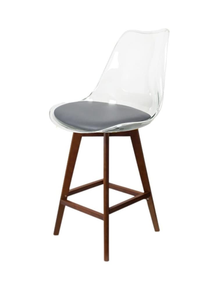 Fusion Living Set of 2 Dark Grey Soho Clear Plastic Bar Stools with Dark Wood Legs - Image 2 of 5
